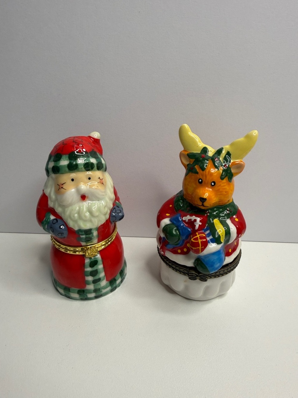 Two adorable Holiday Santa and Reindeer Ceramic Trinket Boxes Christmas